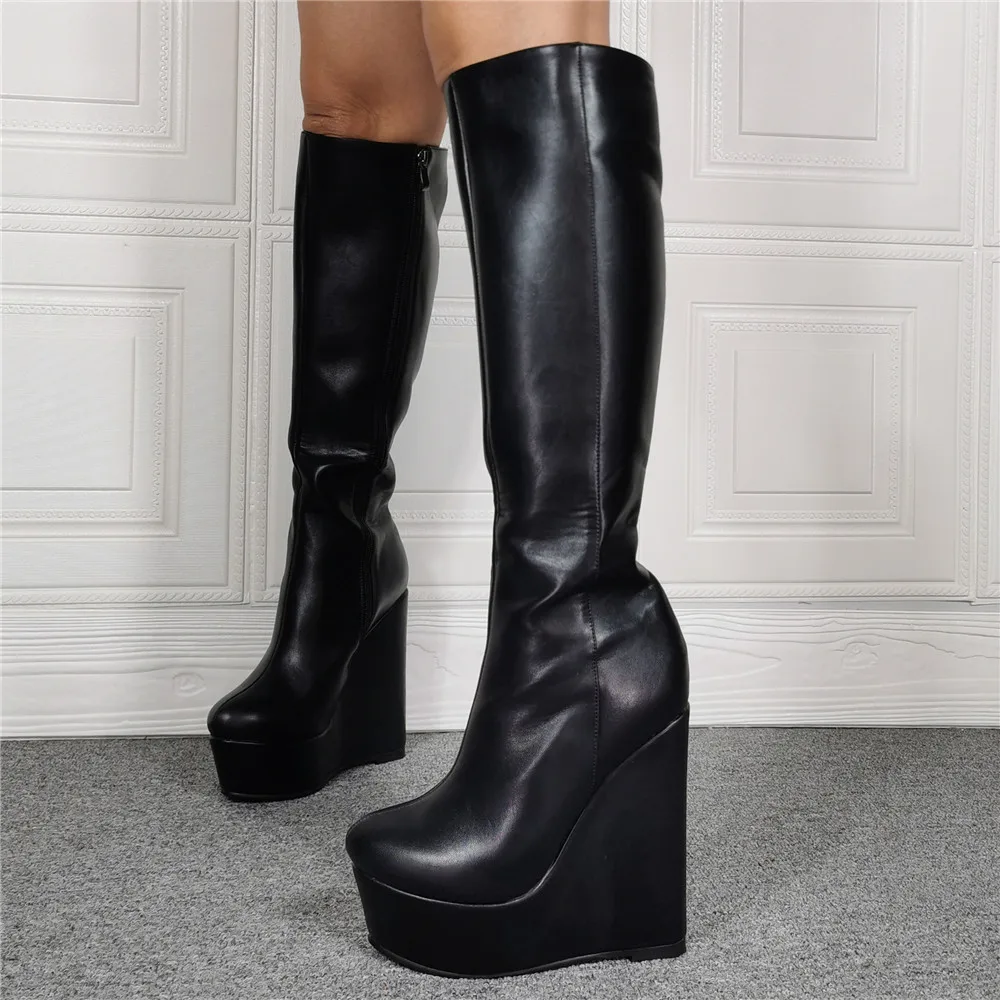 Kolnoo Newest Handmade Womens Super Wedge Heel Boots Black Faux Leather Evening Party Prom Half Boots Sexy Fashion Winter Shoes