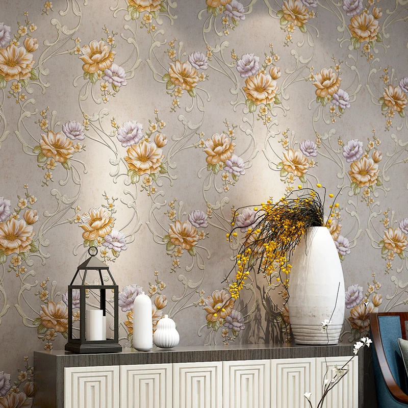 Wallpapers Style Rustic Big Floral American Design Embossed Non Woven Wall Paper For Bedroom Walls Yellow Flower Wallpaper Roll