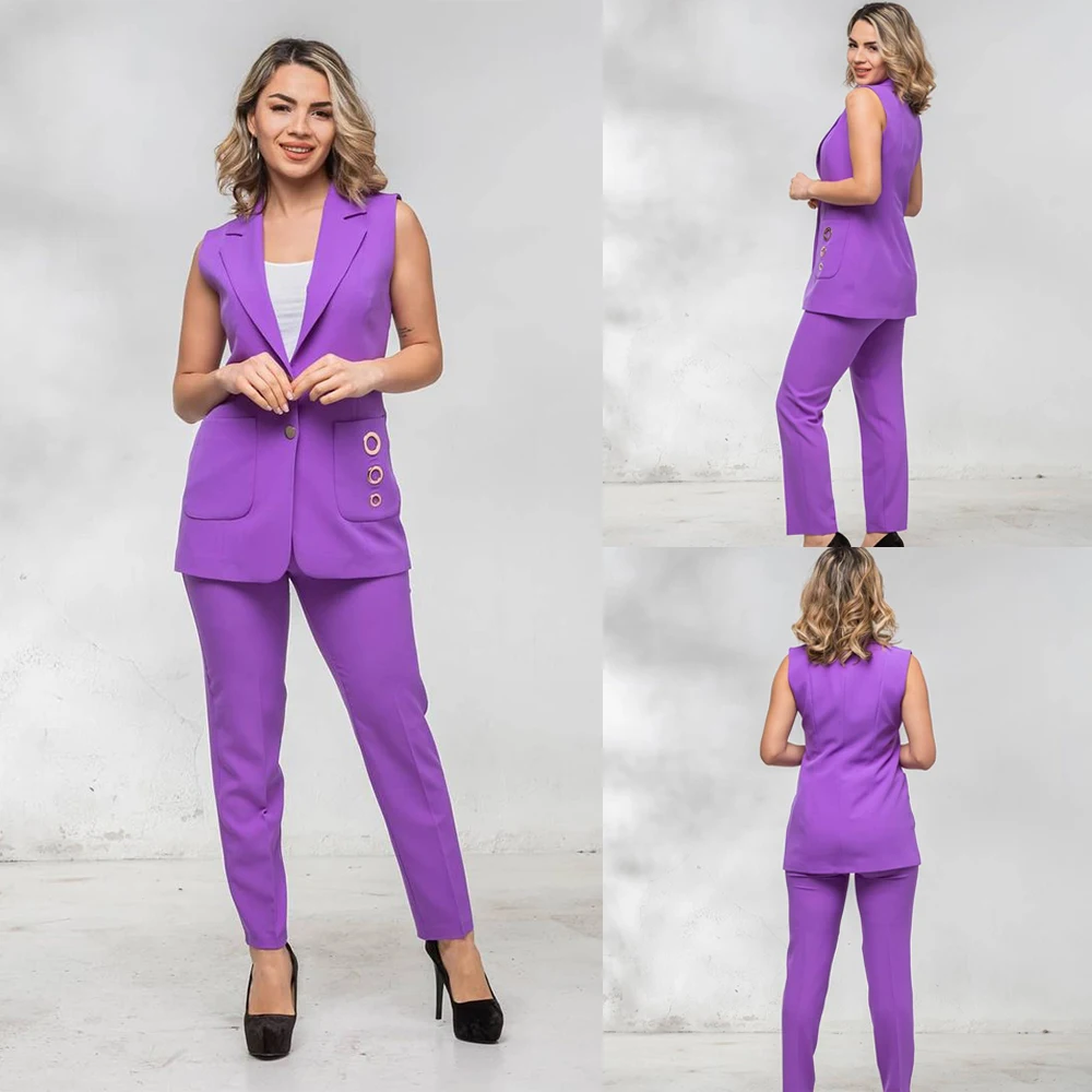 Elegant Sleeveless Women Suits Notched Lapel One Button Blazer Streetwear Casual Daily Pants Jacket 2 Pieces