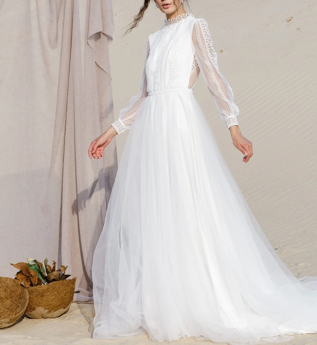 #11392 a-line manica lunga collo alto in pizzo Applique abito da sposa trasparente indietro Sweep Train abito da sposa con servizio fotografico su misura