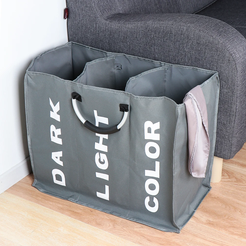 Home Foldable Laundry Basket Large Dirty Laundry Basket Hamper 3 Section Oxford Cloth Dirty Clothes Bag with Aluminum Handle