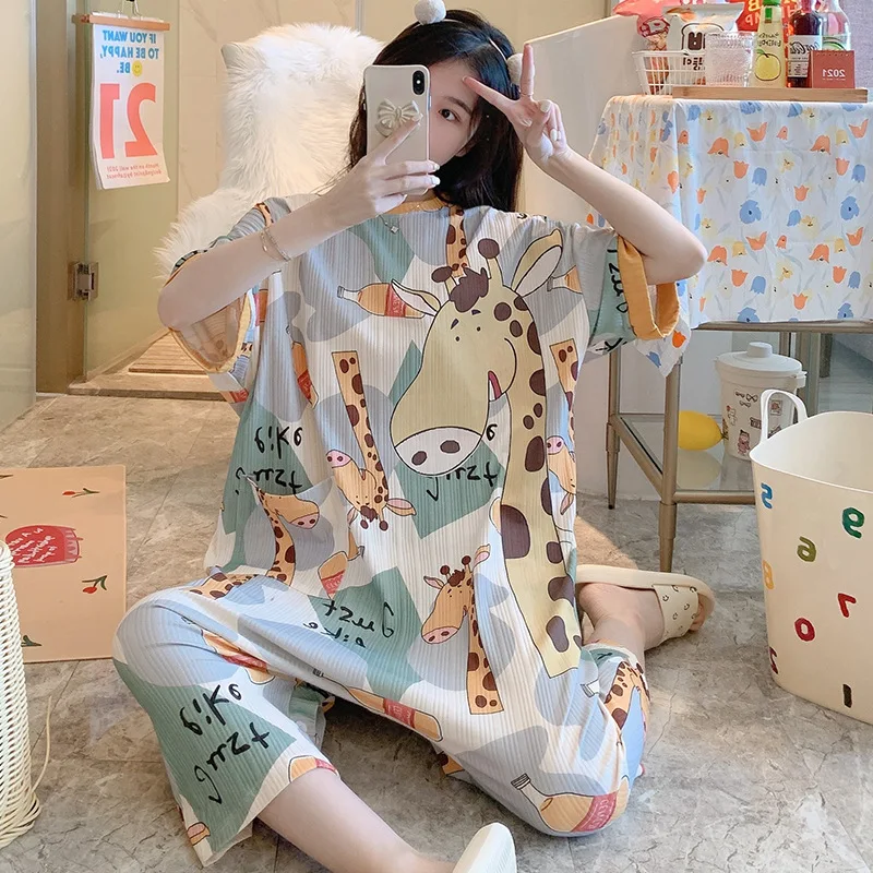 Onesies Pajama For Women Summer Cotton Nightdress Female Cartoon Short-sleeved Cute Sleepwear Girl Party Suit