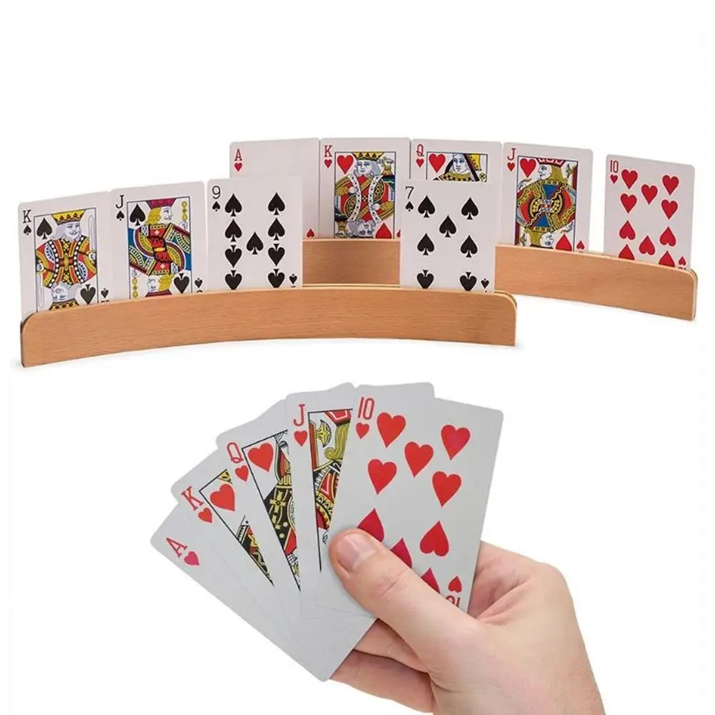 Poker Card Holder Stand Wooden Playing Card Rack Base Curved Games Card Holder Hands-Free Card Stand For Party Board Game