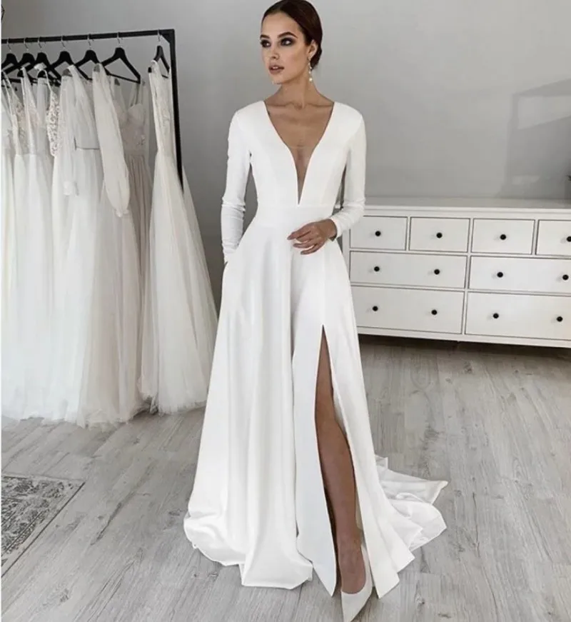 

Simple Stretch Satin Wedding Dress 2022 V-Neck Long Sleeve Bridal Gowns Split Plus Size Robe De Mariée