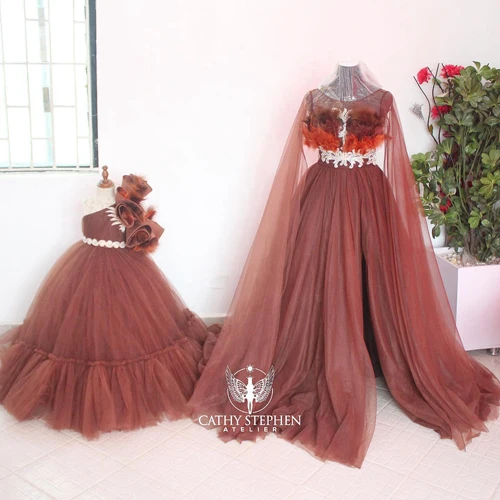 

High End Burgundy A-Line Puffy Tulle Long Dresses Mom & Daughter Photography Customized Birthdays Party Women Kids Gowns With