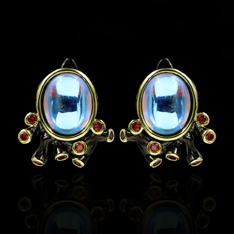 Vintage Ladies Earrings 925 Silver Needles Blue Moonstone Temperament Earrings Luxury Black Gold Two-tone Jewelry Cristal