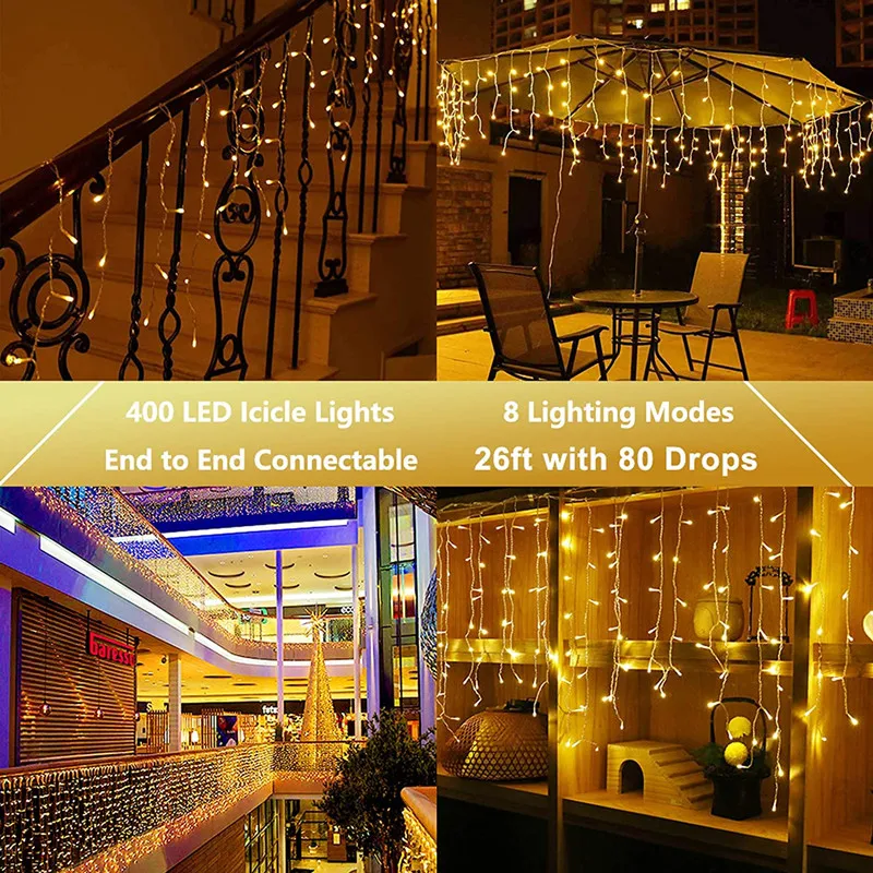 Christmas Decorations 2026 LED Curtain Lights 8 Modes 5-25m Outdoor Icicle Lights EU/US Plug In Street Festoon For House Decors