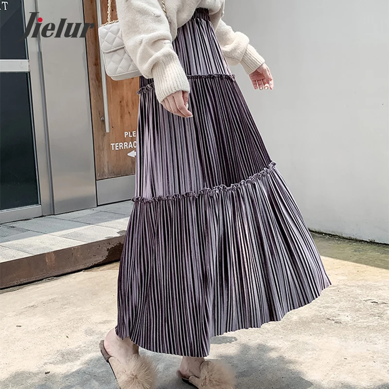 

Jielur 2021 Winter Warm Pleuche Cake Skirts for Women Korean Fashion Stitching Pleated Skirt Black Lady Big Swing Elastic Waist