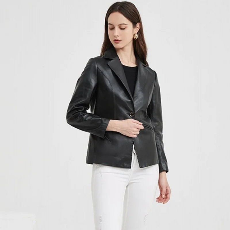 Blazer elegante de piel de oveja auténtica para mujer, chaqueta de un botón, corte ajustado, prendas de vestir de otoño, abrigo de traje de cuero Natural