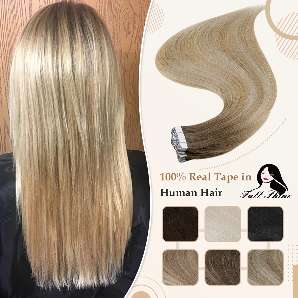 Full Shine Natural Hair Tape in Extensions 100% Remy Human Hair Ombre 40pcs 100g Balayage Seamless Blonde Glue On Hair For Woman