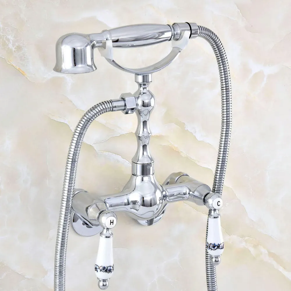 

Modern Silver Chrome Brass Adjusts From 3-3/8" Wall Mount Bathtub Faucet with Handheld Shower Set +1500MM Hose Mixer Tap 2qg431