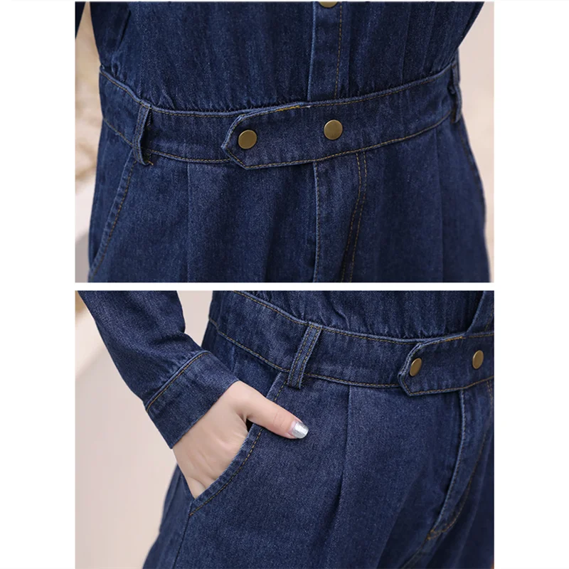 Musim Semi Denim Panjang Celana Kodok Wanita Lengan Panjang Tombol Kantong Kasual Longgar Playsuits Biru Musim Gugur Liar Plus Ukuran Rompers Wanita