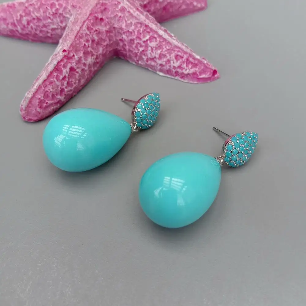 YYGEM 16x23mm Turquoise Blue Sea Shell Teardrop Cz Pave Stud Earrings For Women Fashion Jewelry