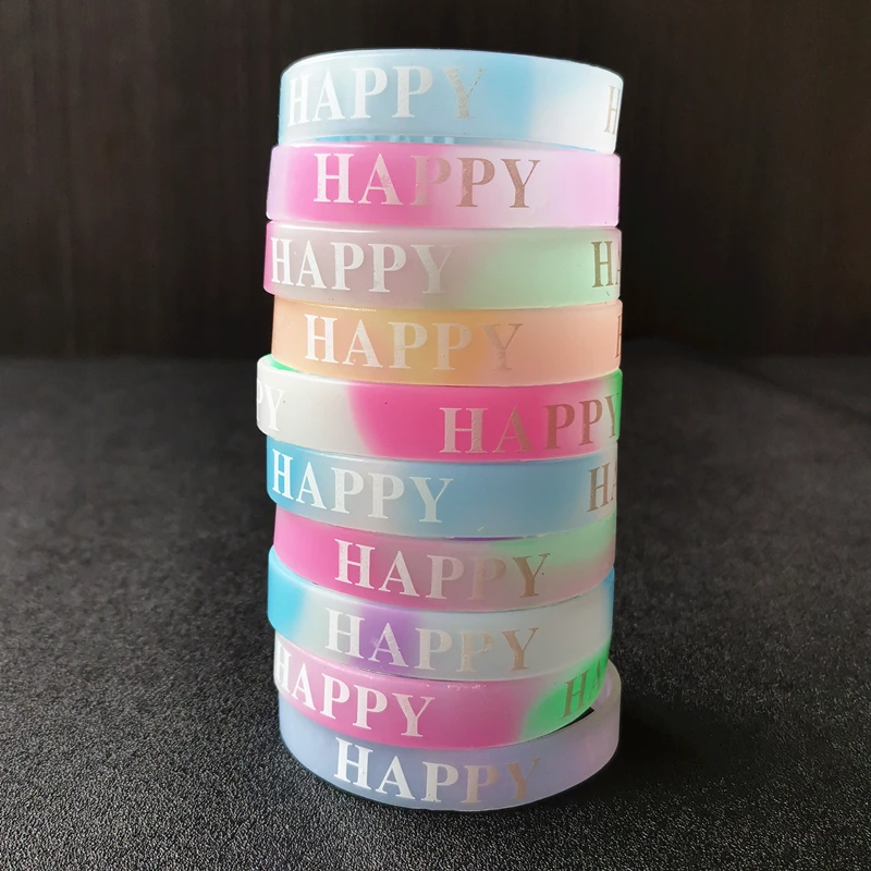 20PCS Lot Multi Night Glowing Shining Silicone Wristband Print Letter Happy Bracelets Fitness Sport Bangles Birthday Party Gifts