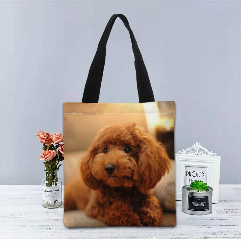 

Custom Dog Poodle Tote Bag Canvas Fabric Handbag Two Sides Printed Shopping Bags Traveling Casual Useful Shoulder Bag 1208