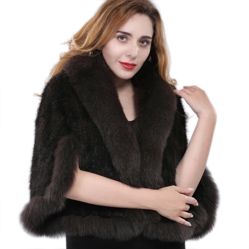 Real Mink Fur Cape Coat Women Real Fox Fur Collar Poncho With Sleeve Black Coffee Wine Red