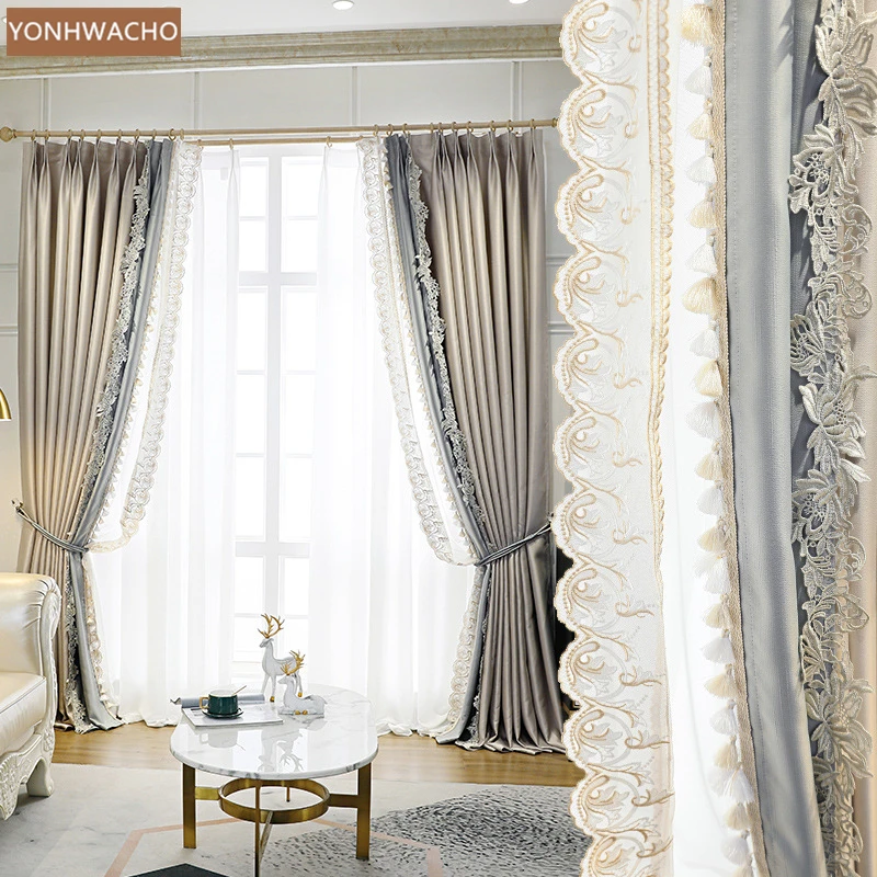 

Custom curtain villa French imitation silk precision fabrics luxury lace romantic cloth blackout curtain tulle panel C721