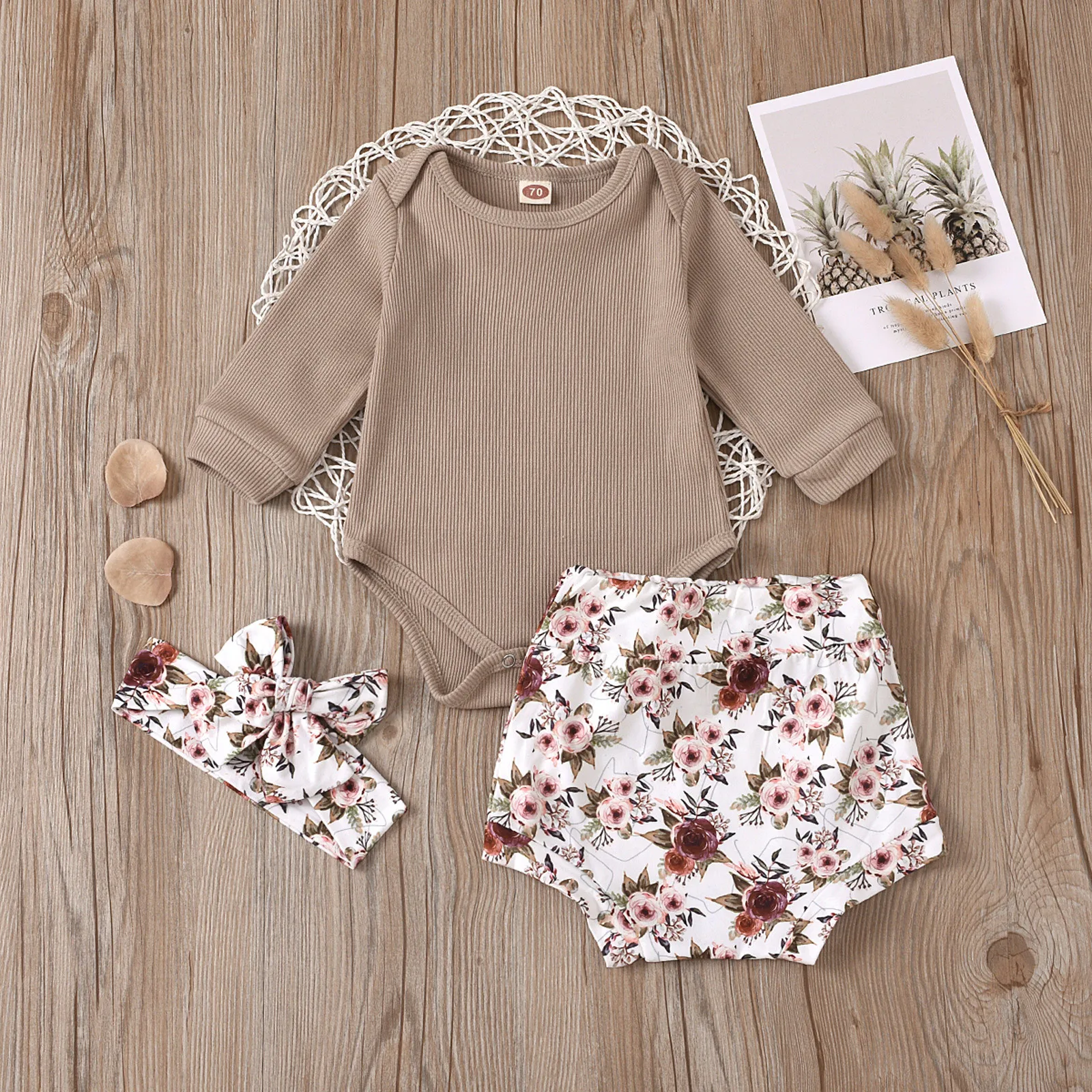 6 9 12 18 Months Newborn Baby Girls Clothing Sets 2023 Summer Ribbed Bodysuit+Floral Shorts+Headband Suit Childrens Girl Clothes