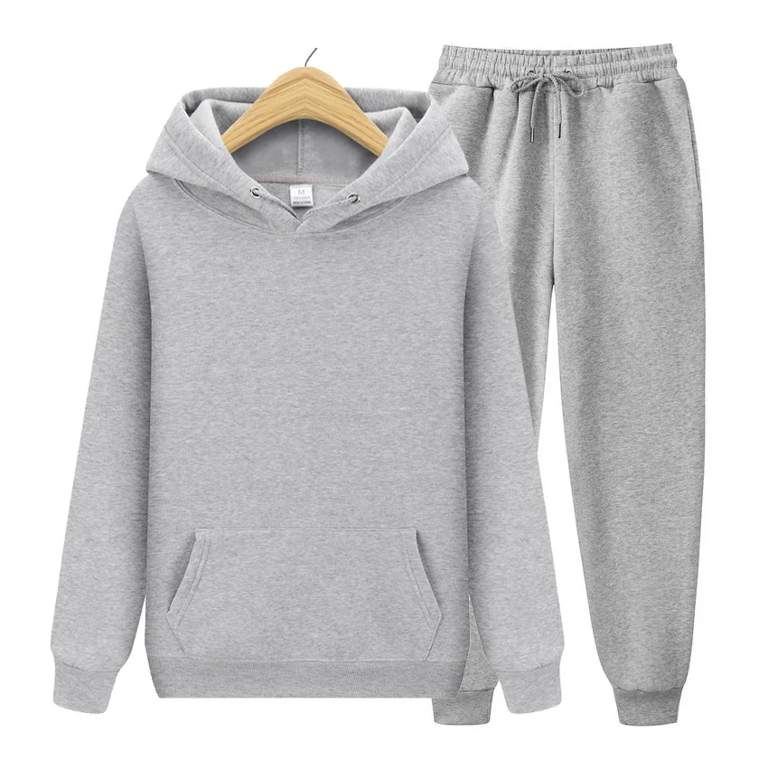 Men Women Tracksuit Hoodies Casual Solid Color Long Sleeve Pullover + Pants Suit Fleece Hooded Sportswear Suit Two Piece Sets