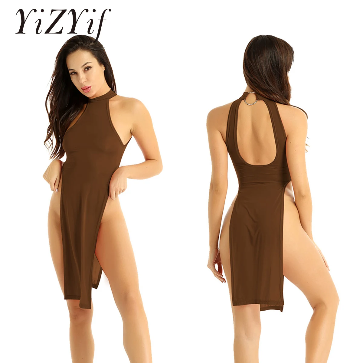 Sexy Women Dual Use Milk Ice Silk Smooth Elastic Nightclub High Cut Dress Turtleneck See Through Club Dancewear Erotic Nightgown