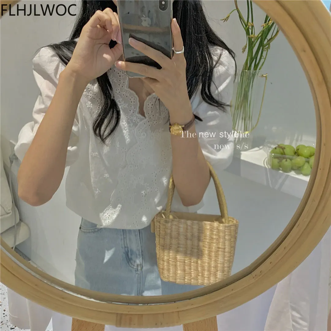 Women Chic Korea Design Clothes Fashion Short Sleeves Solid Lace Hollow Out Embroidery Tops Single Breasted Button White Shirt