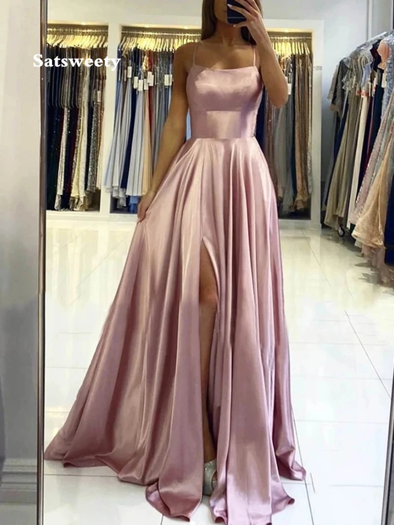 Vestidos de fiesta de noche largos, Rosa polvoriento, con espalda abierta, formales, con tirantes finos, 2022