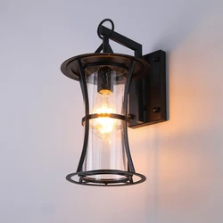 American Outdoor Wall Lamp Retro Exterior Porch Waterproof Lighting  Garden Aisle Loft Balcony Iron Black Glass Wall Light