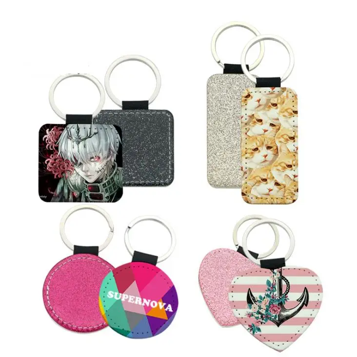 Glitter Sublimation Blanks Keychain PU Leather Keychain for Christmas Heat Transfer Keychain Keyring for DIY Craft Supplies SN