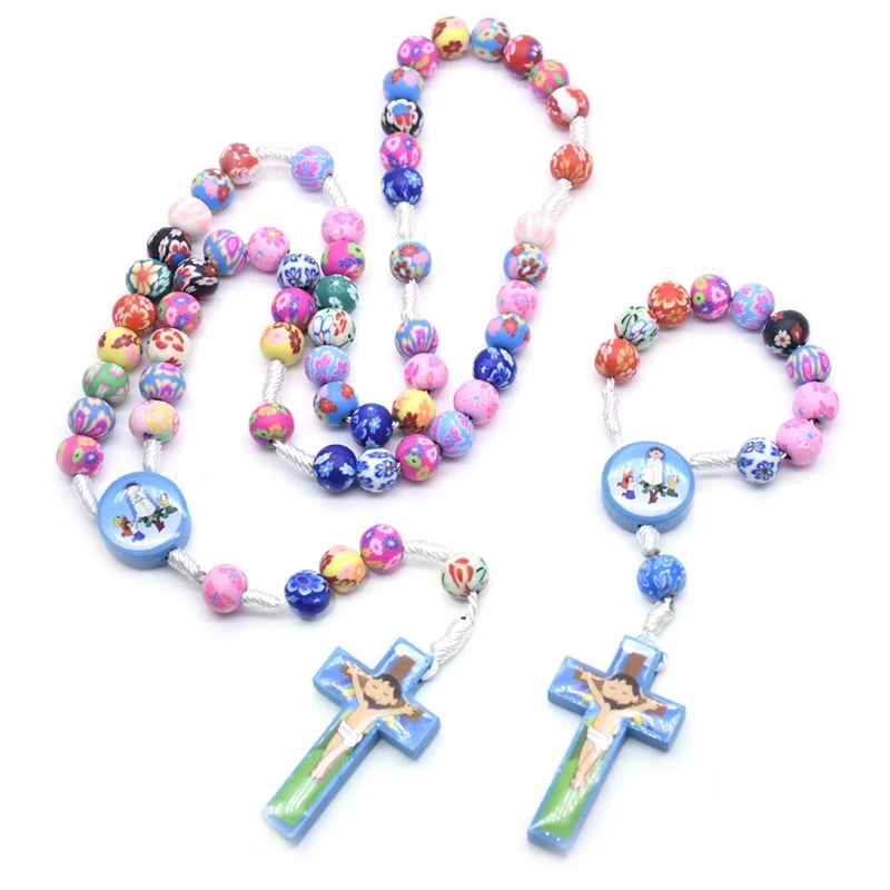 QIGO Colorful Polymer Clay Rosary Necklace Handmade Children Catholic Cross Prayer Beads