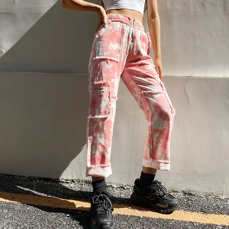  New fashion Hip hop Zipper pants Tie Dye Jeans Women Pocket High Waist Denim Pants Casual Fashion Long Trousers Streetwear