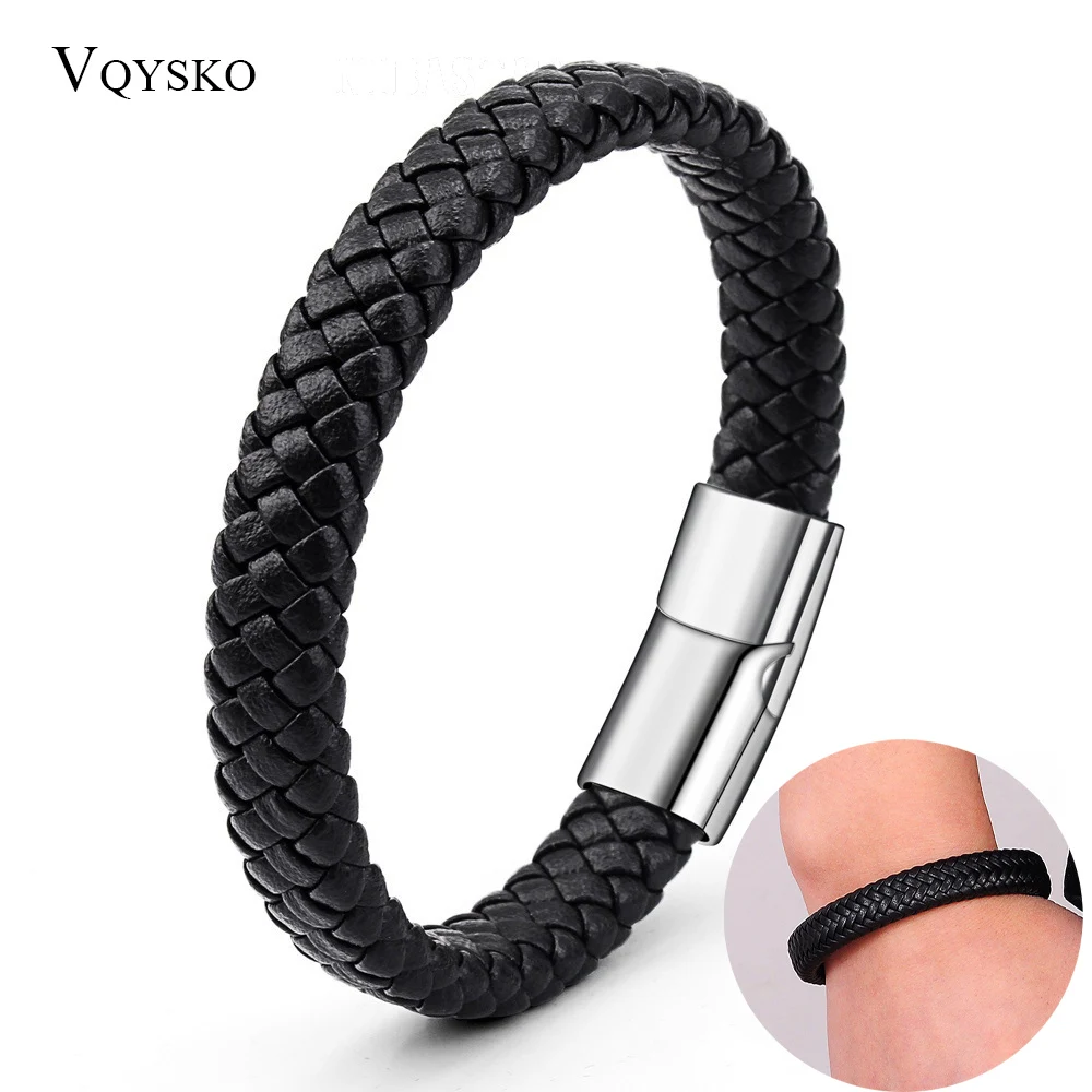 

Genuine leather Bracelet men stainless steel leather braid Bracelet with magnetic buckle claps pulseiras masculina