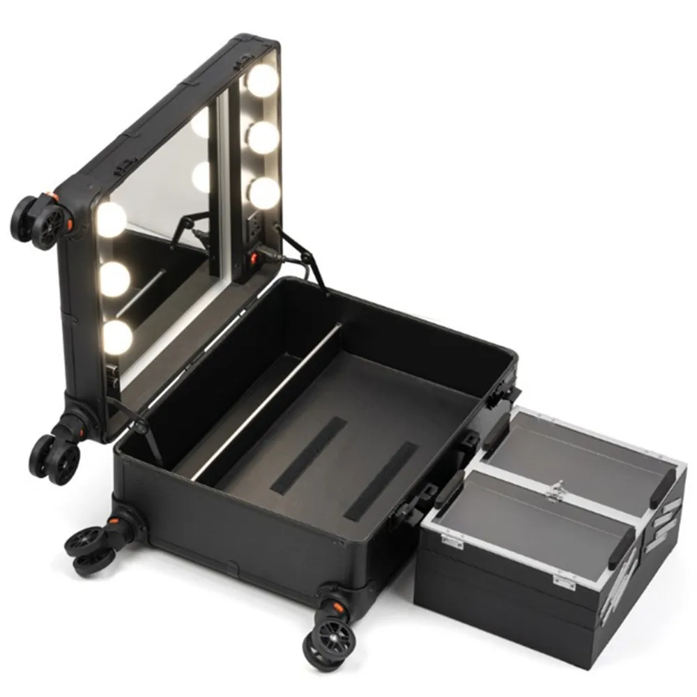 Aluminum Frame Professional Rolling Studio Makeup Artist Cosmetic Case Beauty Trolley Suitcase LED Light Mirror Box Luggage Bags