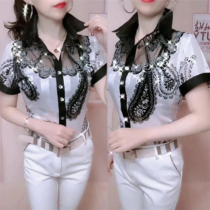 Lace Floral Shirts for Women Summer foreign style Tops Hot drill mesh lapel Feminine Bottoming Shirt trend 2021 Women's Blouses