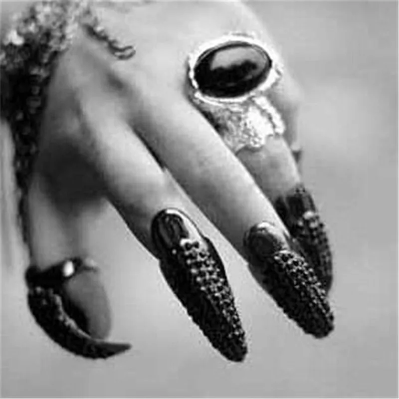 HI MAN Punk Pavé Zircon Cat Monster Pointed Scratch Long Nail Set Ring Women Exaggerated Shiny Banquet Jewelry