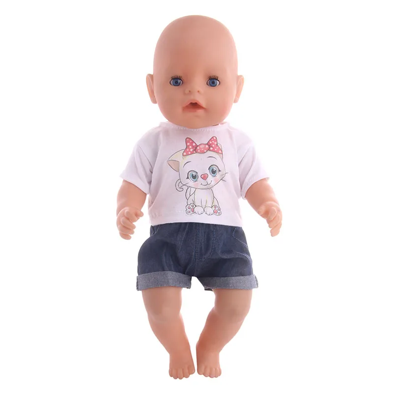 Pakaian Boneka Celana T-shirt 2 Buah/Set untuk 18 Inci Amerika & 43Cm Boneka Bayi Baru Lahir Lucu Kartun Cetak Hadiah Generasi Kami