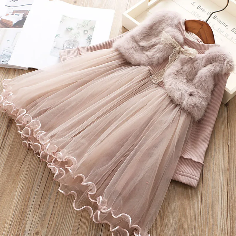 Girl\'S  Warm Dress Autumn And Winter Imitation Mink Velvet Outfit Mesh Fashionable Plus Velvet Warmth One-Piece Princess Dress