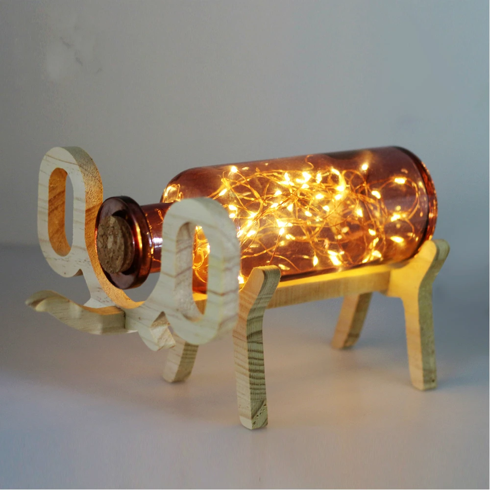 

Copper Wire Led Night Light USB Charging Wooden Elephant Glass Bottle Lamp Led Lights for Home