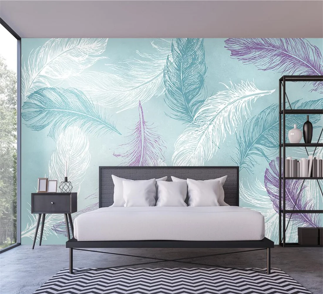 

Custom wallpaper Nordic minimalist blue watercolor feathers small fresh TV background wall painting home decoration 3d wallpaper