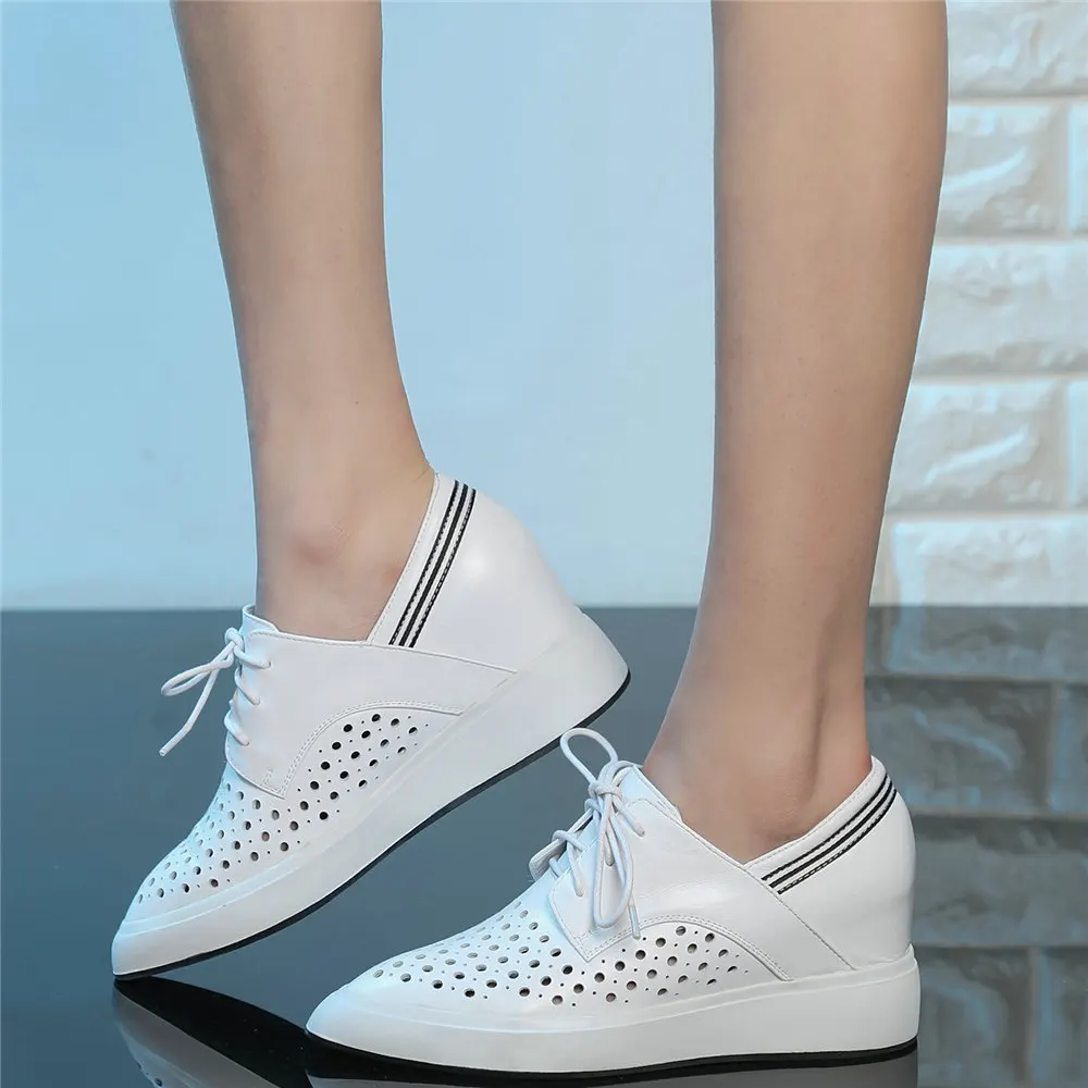 Fashion Sneakers Women Genuine Leather Wedges High Heel Pumps Shoes Female Summer Pointed Toe Platform Ankle Boots Casual Shoes