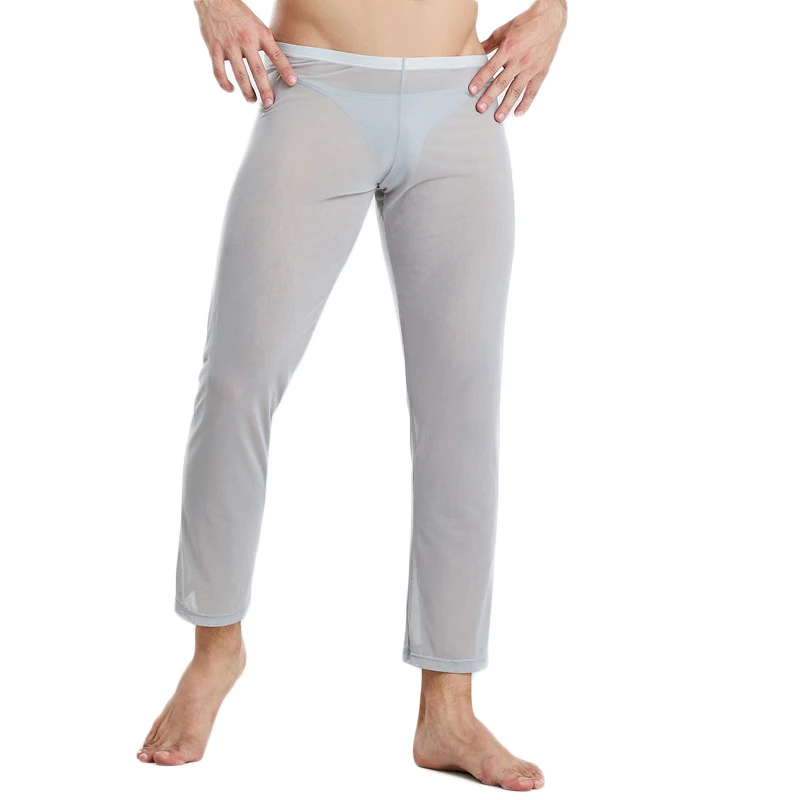 Pantalon de pyjama en maille respirante pour homme, bas de nuit Long, Sexy, décontracté, transparent