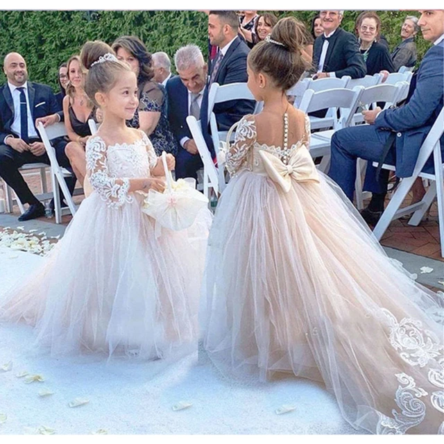 Lovely Kids Flower Girl Dresses For Wedding Long Sleeves Ball Gown White  Bridesmaid Dress Girls Wedding