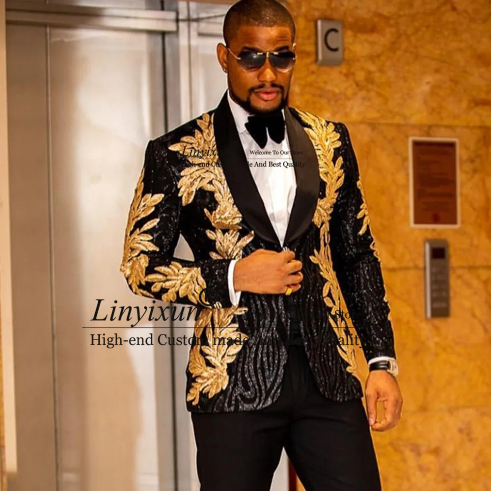 Black Men Suits With Embroidery Beaded Two Pieces Peacked Lapel Designer Blazers Wedding Tuxedos Gold Mens Jacket and Pants 2021