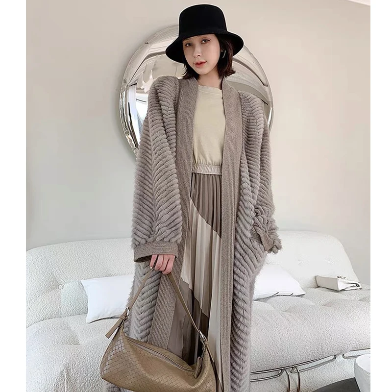 HDHOHR 2024 New High Quality Natural Mink Fur Coat Women With Belt Knitted Real MinkFur Jacket Fashion Warm Long For Female