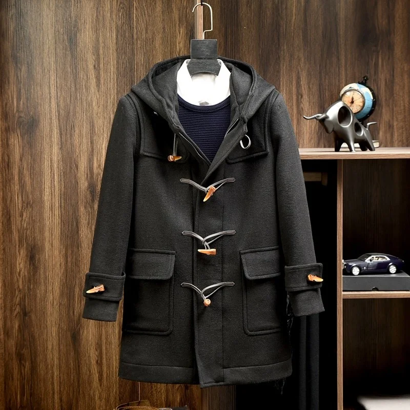 Quality High Mens Casual Loose Long Horn Button Design Hooded Fashion Wool Coat V-Neck Pockets Winter Vintage Warm Jackets