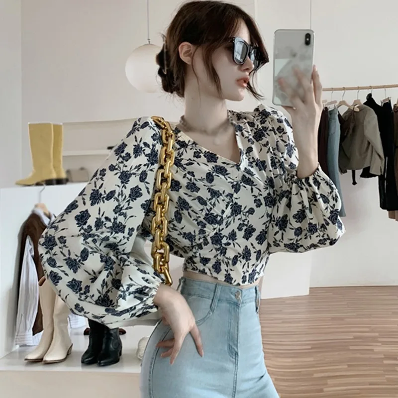 Spring Elegant Blouse  Vintage Women Floral Printed V-Neck Long Sleeve Korean Fashion Crop Tops Slim Ladies Shirts Casual