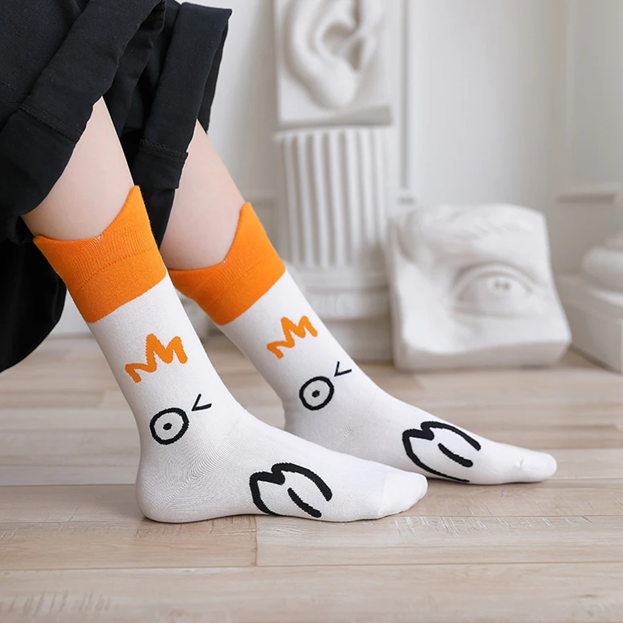 Funny Duck Pattern Woman Cotton Socks Patchwork Color Black White Orange Yellow Casual Harajuku Cute Kawaii Style 1 Pack