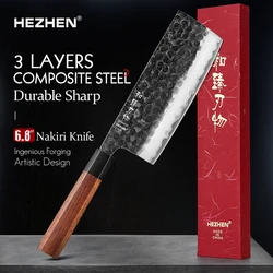 HEZHEN 6.8 Inches Nakiri Knife Three-layer Composite Steel Stainless Steel Red Wood Handle Kitchen Cooking Knives