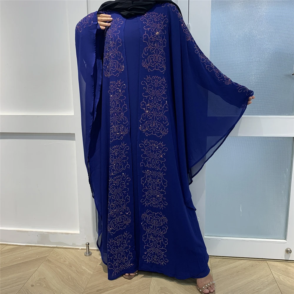 Abaya Rhinestone Batwing Sleeve Arab Robe Open Kimono Turkish Chiffon Muslim Women Maxi Robe Loose Bangladesh African Clothes