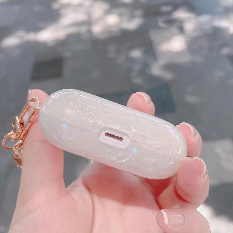 高級光沢のあるシェルパターンヘッドセットairpodsためのプロ 3 シリコーンイヤホン保護カバーかわいい真珠ブレスレットキーホルダー