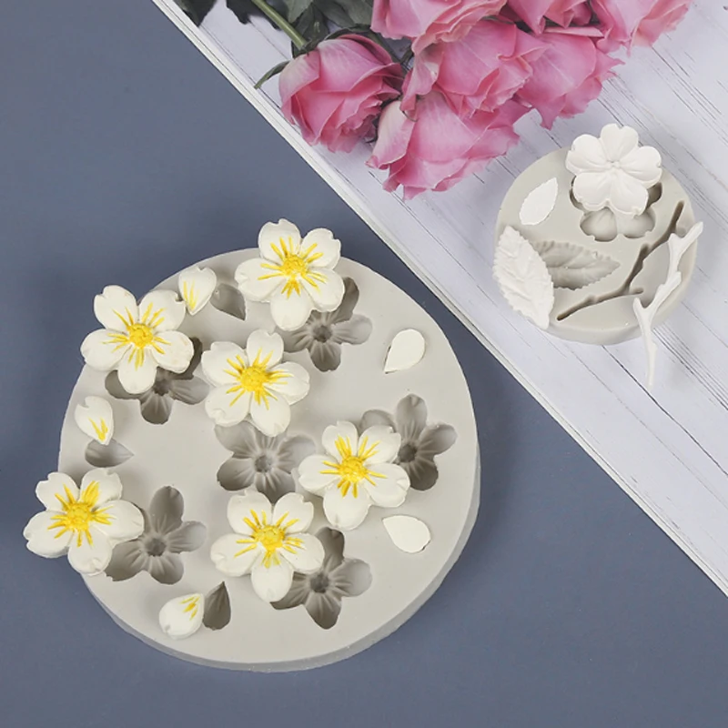 Molde de silicona para decoración de tartas, herramienta para hornear Chocolate con forma de flor de cerezo, flor de melocotón, hojas, Fondant